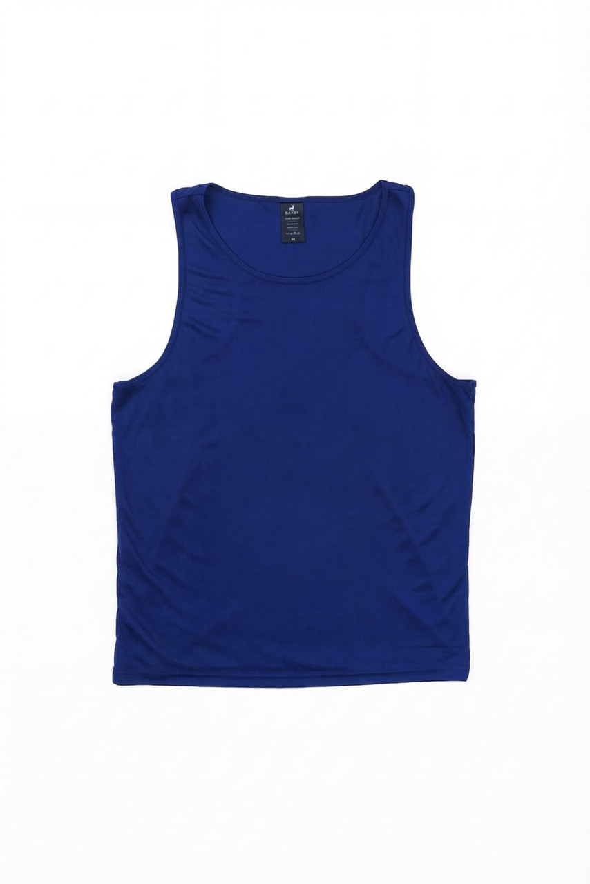 A blue singlet featuring a logo, made of smooth material, displayed flat on a white background.