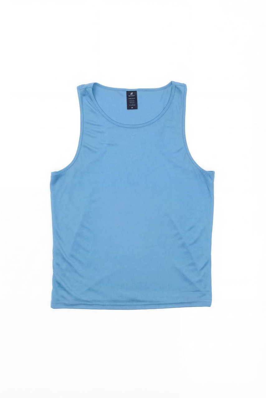 A light blue singlet with a round neckline. It has a label and features a logo.