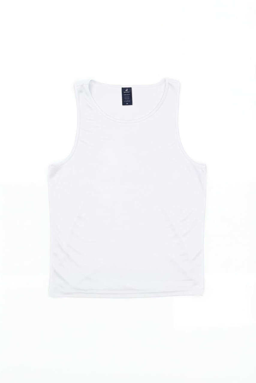 A white singlet featuring a round neckline and a brand logo at the label.
