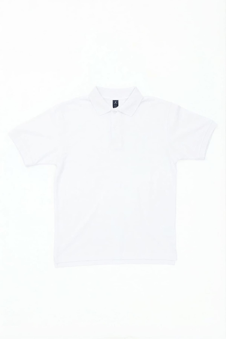 A white polo shirt with a collar, featuring a logo on the chest area.