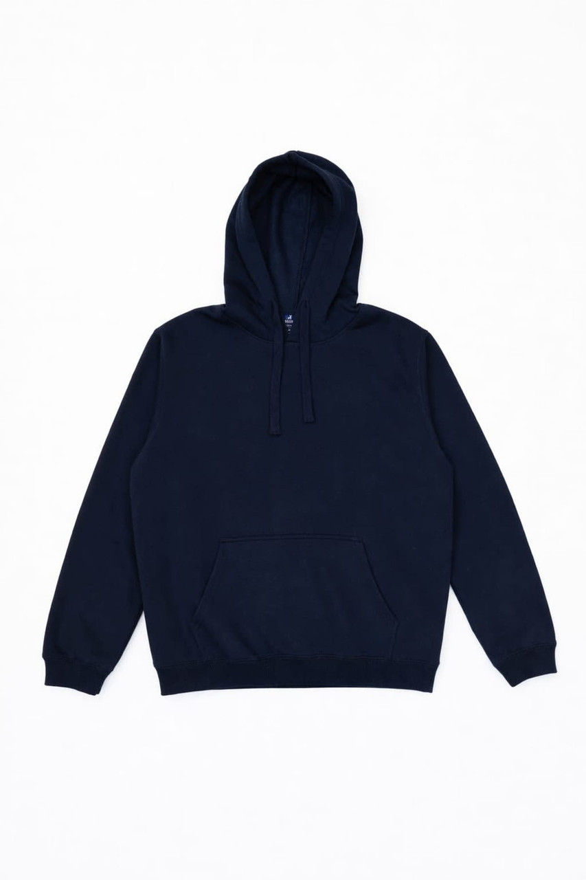 A navy blue hoodie with a front pocket and a drawstring hood. It features a branding logo.