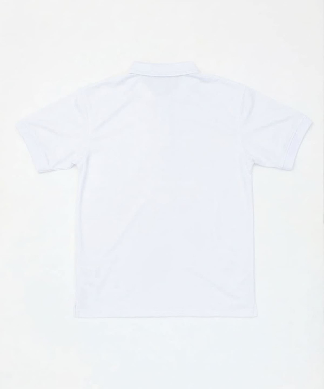 A white polo shirt featuring a plain design and a collar, with a logo on the back.