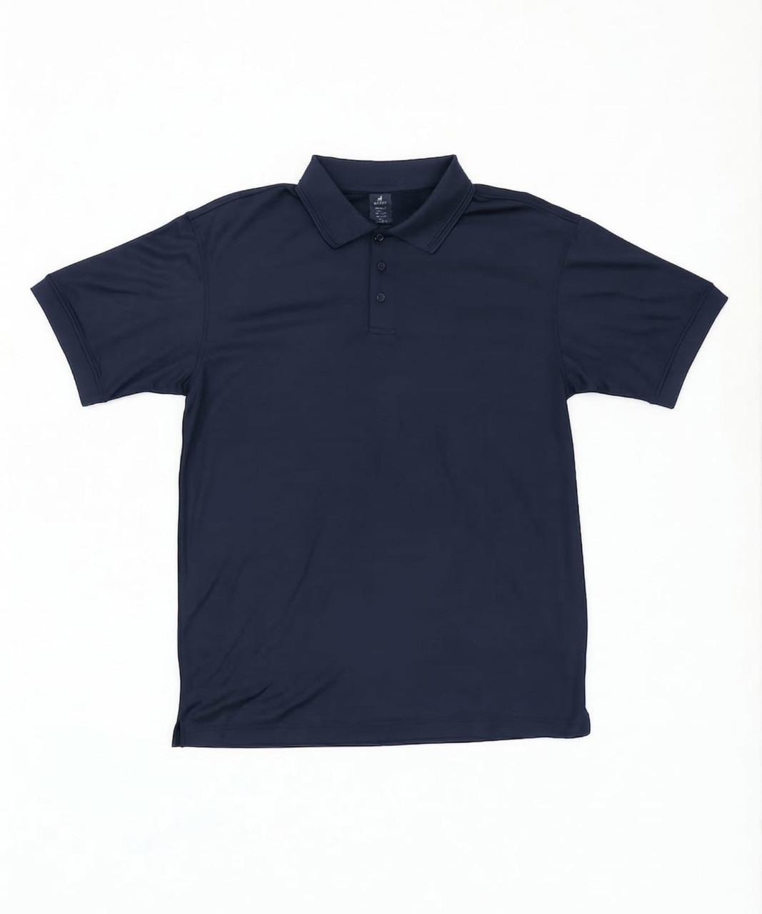 A navy blue polo shirt with a collar and a logo. The shirt has short sleeves and a standard fit.