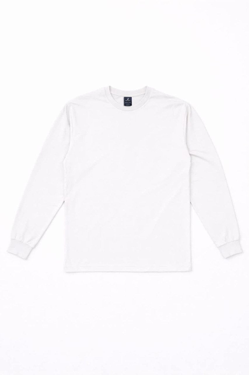 A long sleeve tee in white, featuring a simple design and a tag inside the neckline. It has a logo on the label.