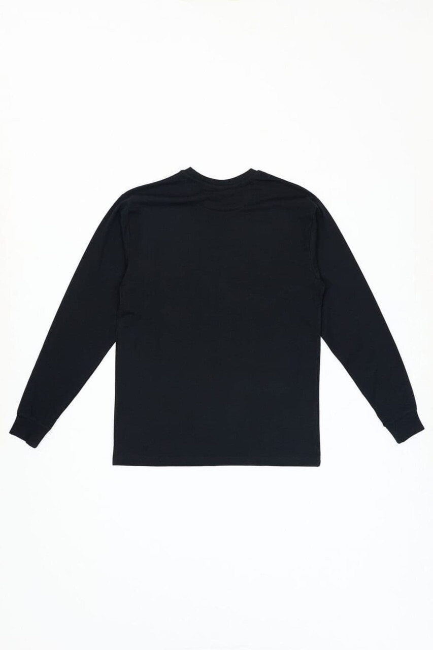 A black long sleeve tee with a plain back view, featuring a small logo near the collar.