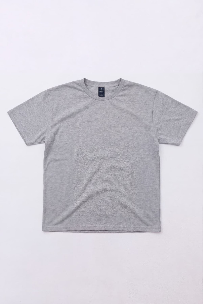 A grey singlet shirt laid flat, featuring a simple design and a label on the neckline.