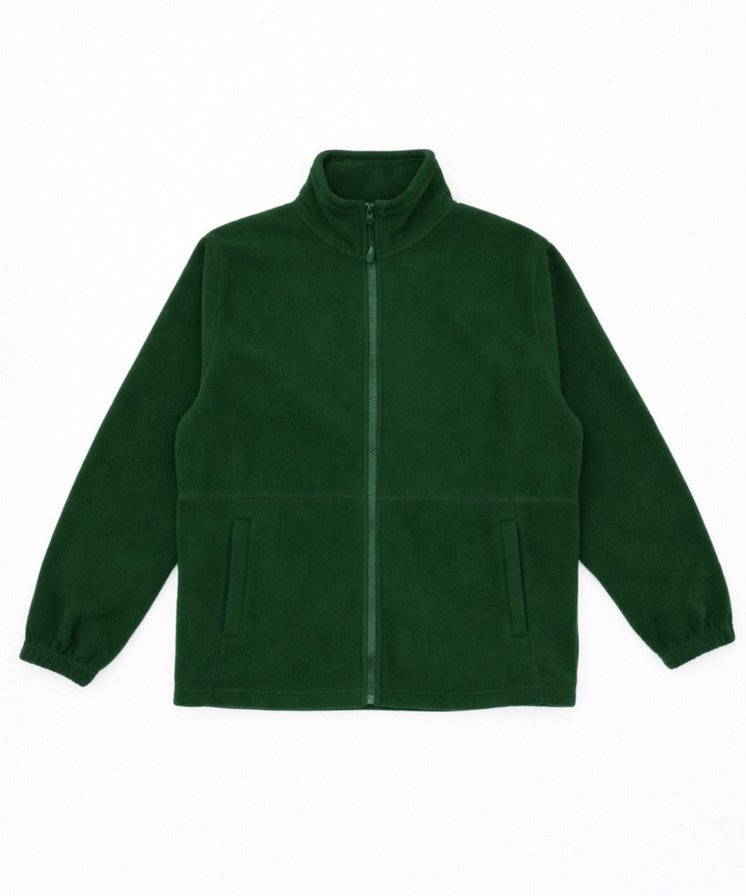 A green Everest Polar Fleece full zip jacket featuring pockets and a high collar. It has a logo on the fabric.