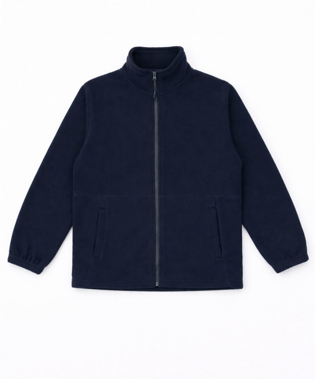 A navy polar fleece full zip jacket with two front pockets and a high collar. Contains branding.