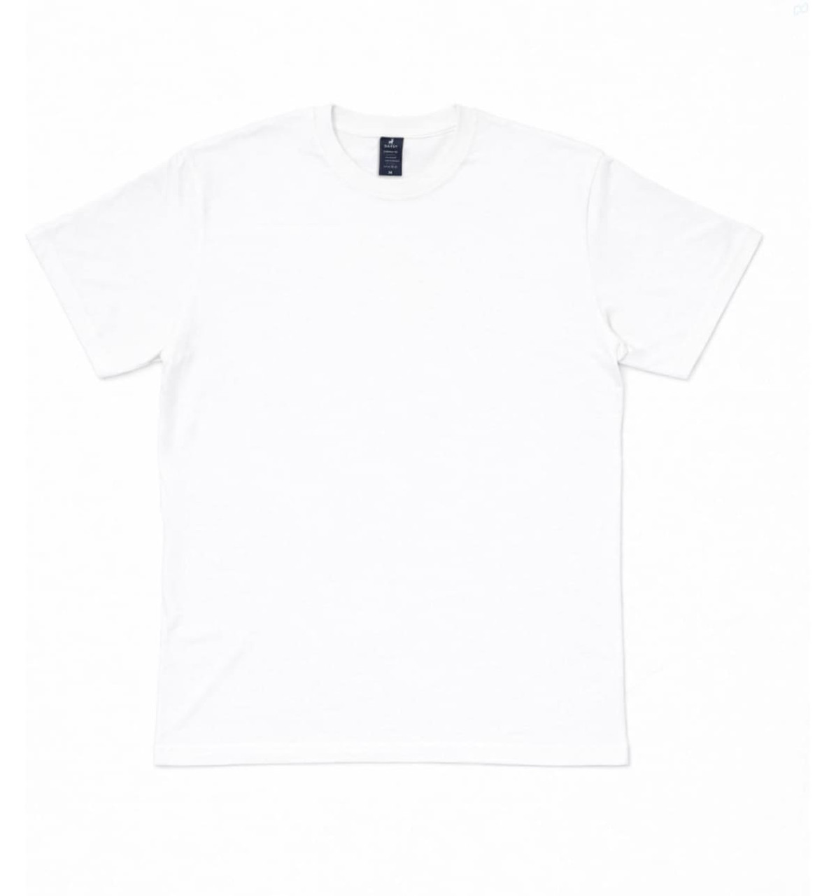 A plain white t-shirt with a crew neckline, featuring a small logo on the label.