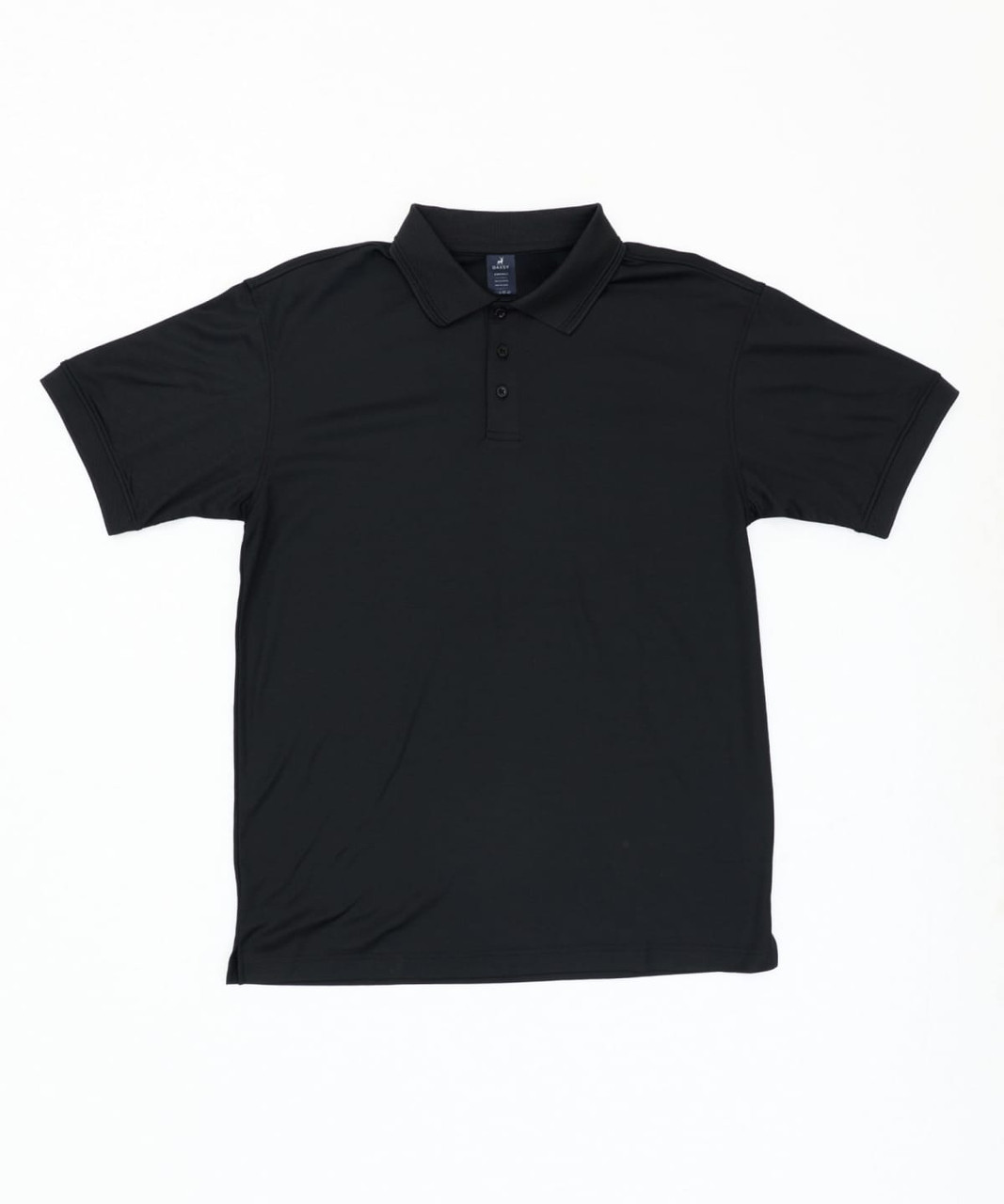 A black polo shirt with a collar, buttons, and a logo. Soft fabric with a smooth finish.