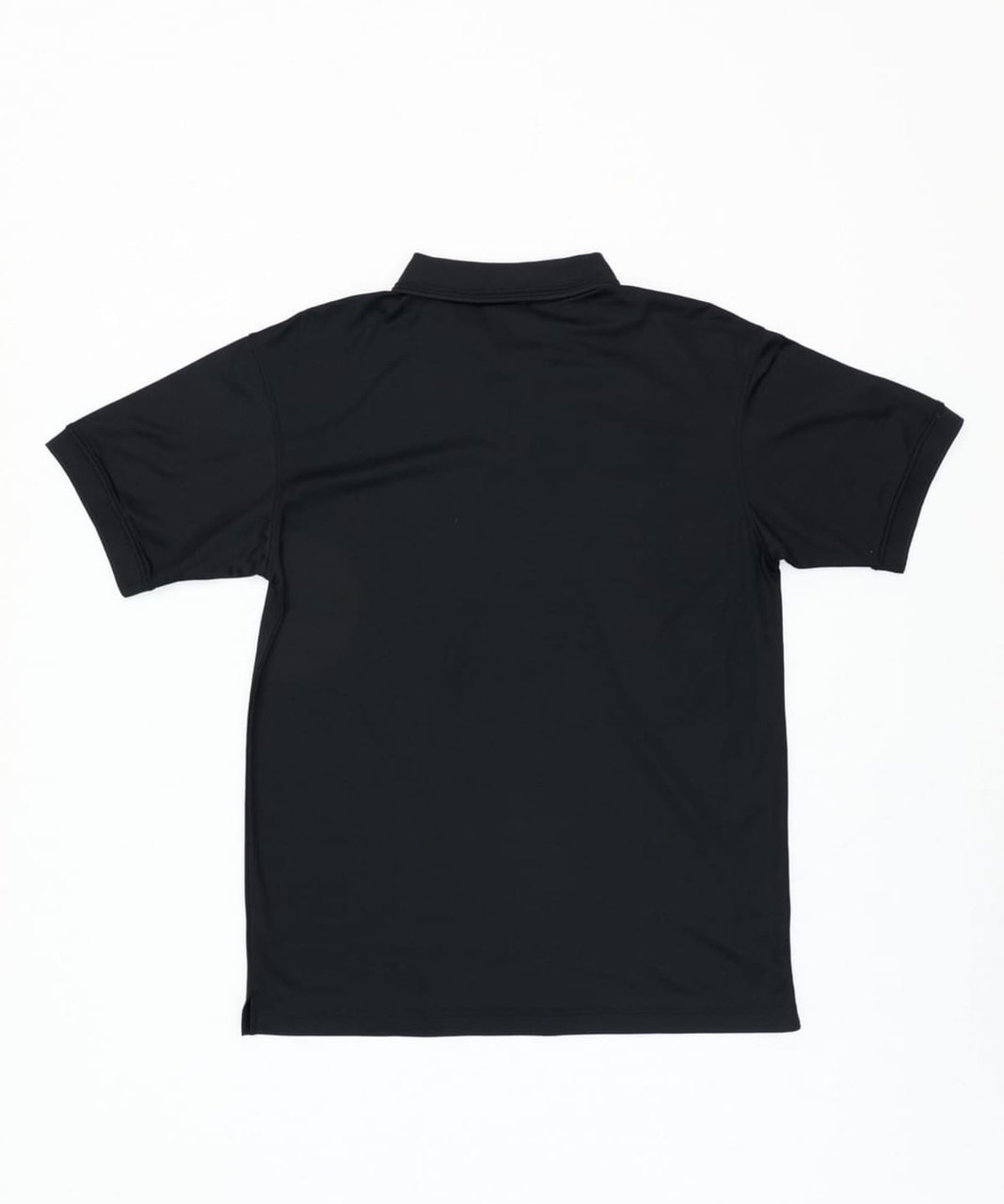 A black polo shirt with a collar and short sleeves, featuring a logo on the back.