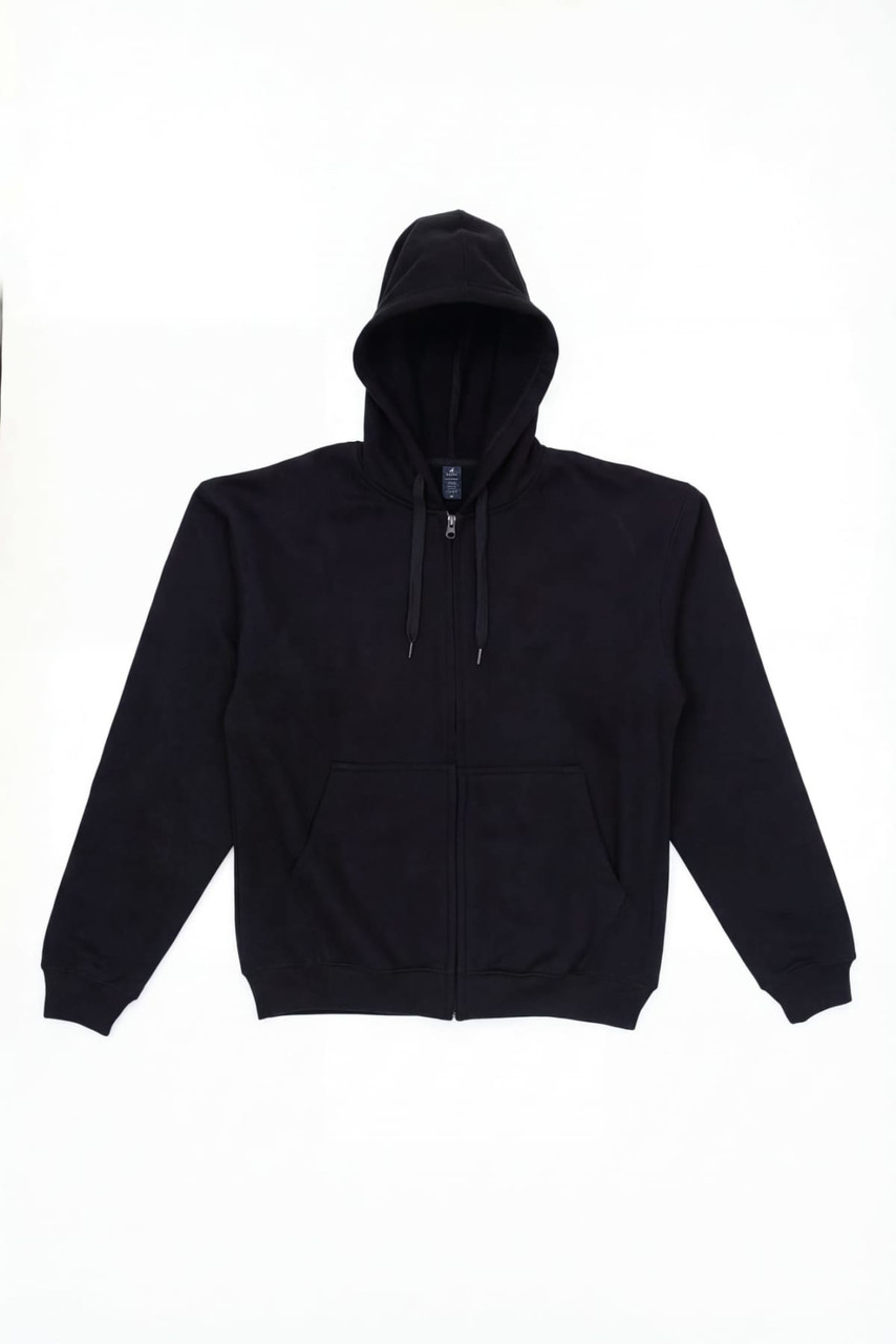 A black zip hoodie featuring a hood and front pockets, with a logo on the inside label.