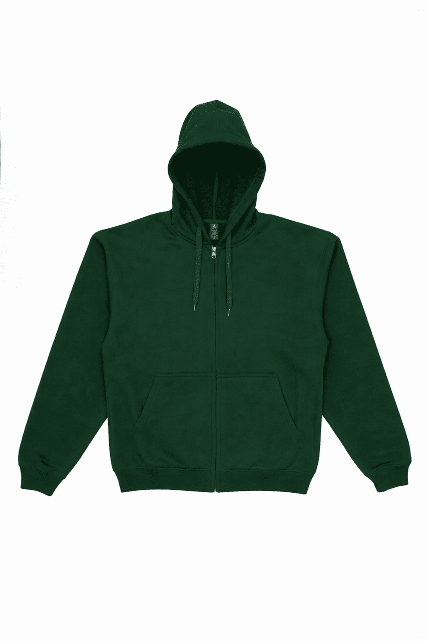 A green zip hoodie with a hood and front pockets, featuring a logo.