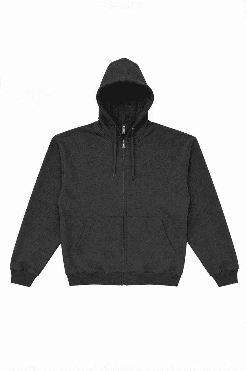 A black zip-up hoodie featuring a front pocket and a hood, with a logo visible on the fabric.