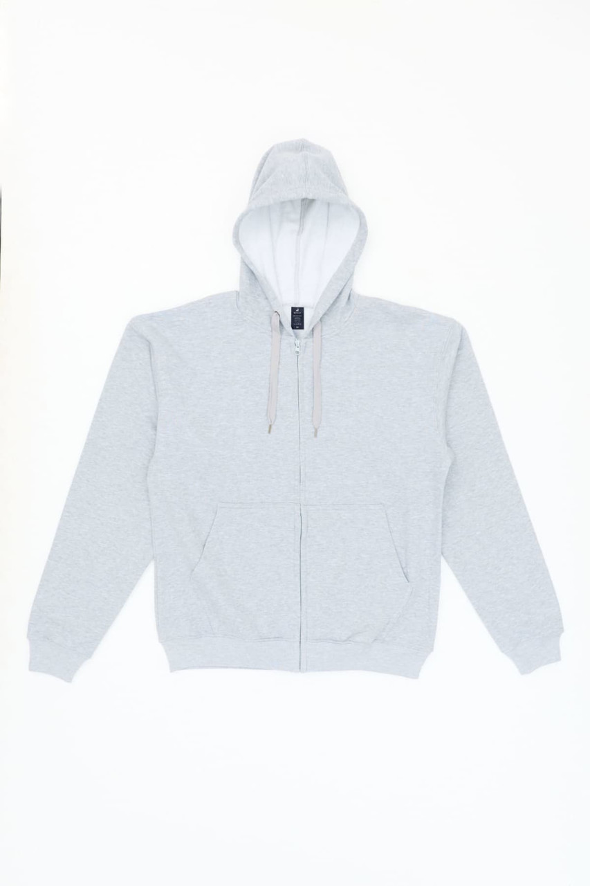 A grey zip-up hoodie with a hood and a front zipper, featuring a logo on the chest.