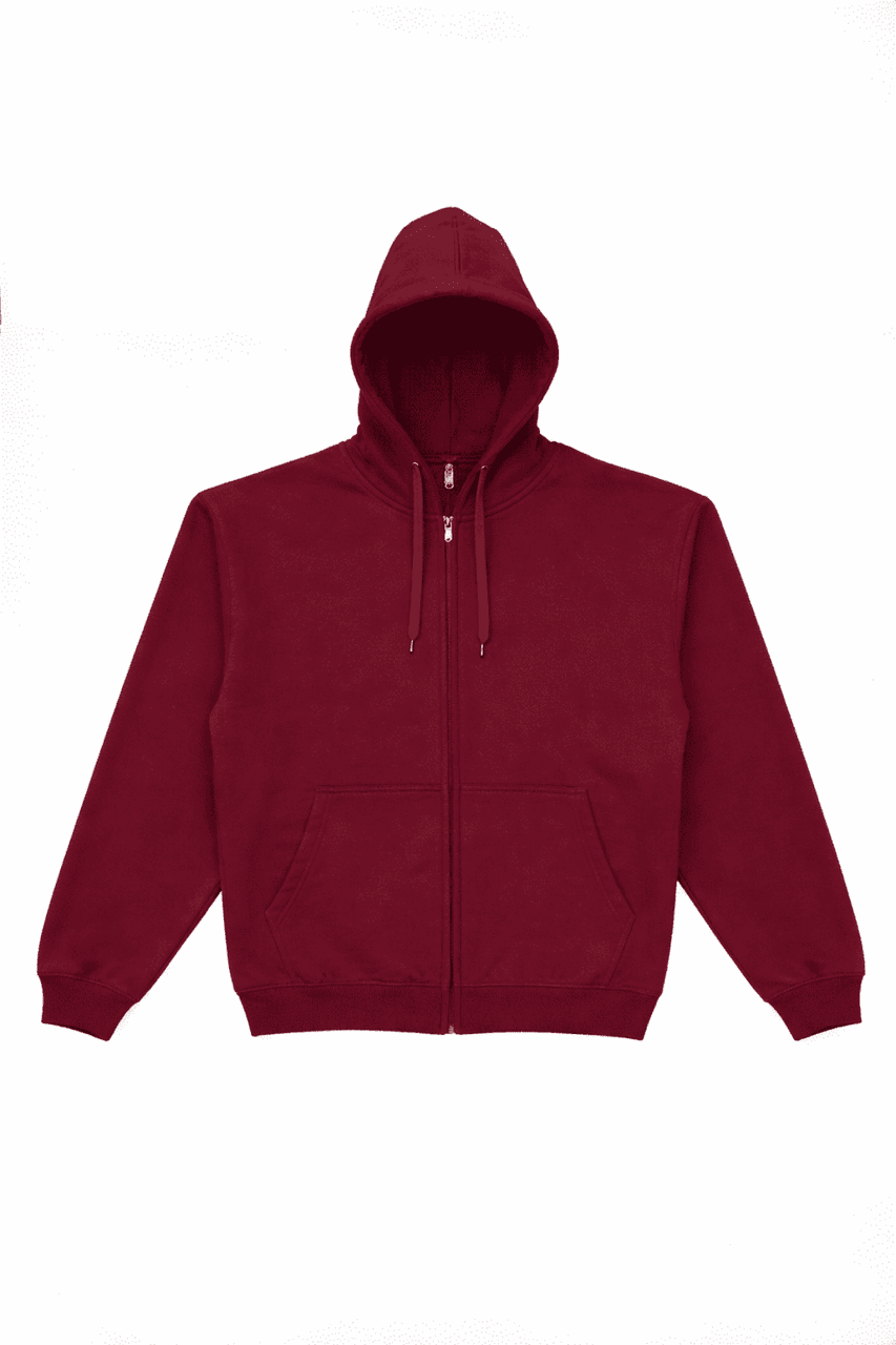 A maroon zip-up hoodie featuring a hood and front pockets, with a branding logo present.
