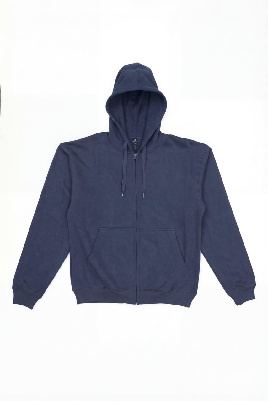 A navy zip-up hoodie with a hood and pockets, featuring a branding logo.