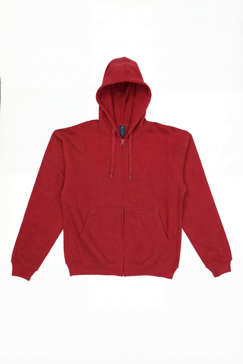 A red zip-up hoodie featuring a hood and a front zipper. It has a logo on the inner label.