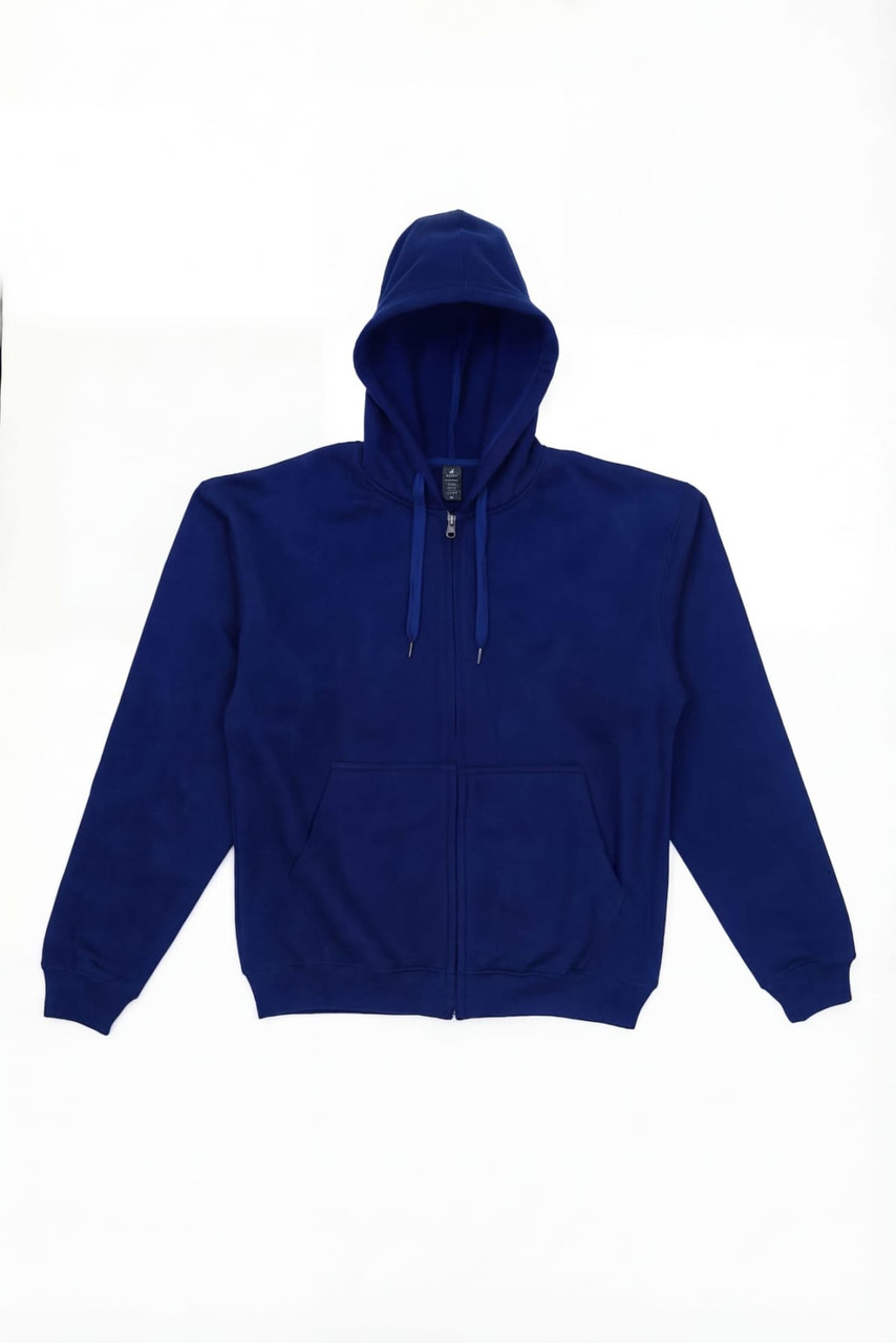 A navy blue hoodie with a zip, featuring a hood and two front pockets. The product has a logo.