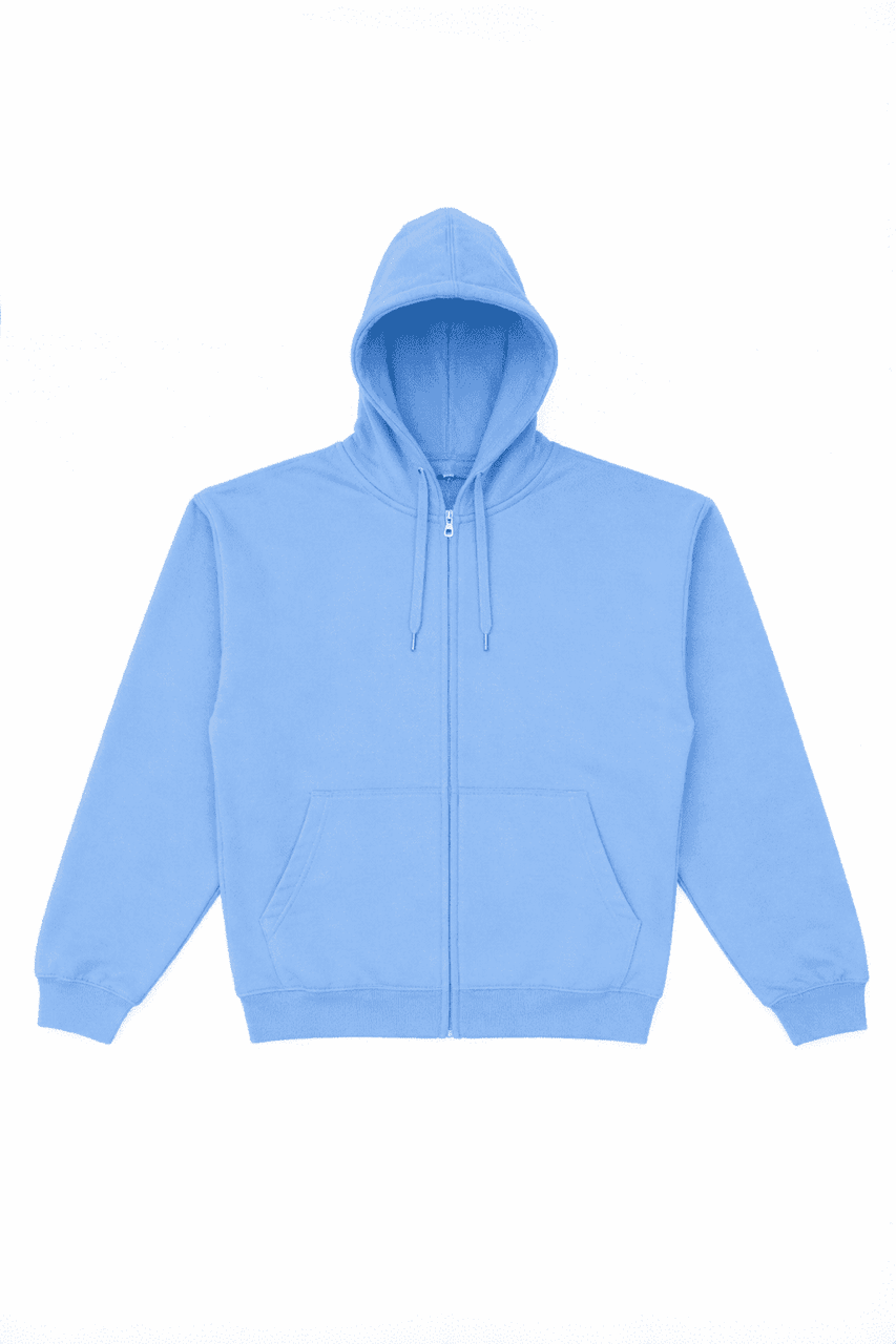A light blue zip-up hoodie with a hood and front pockets. It features a branding logo.