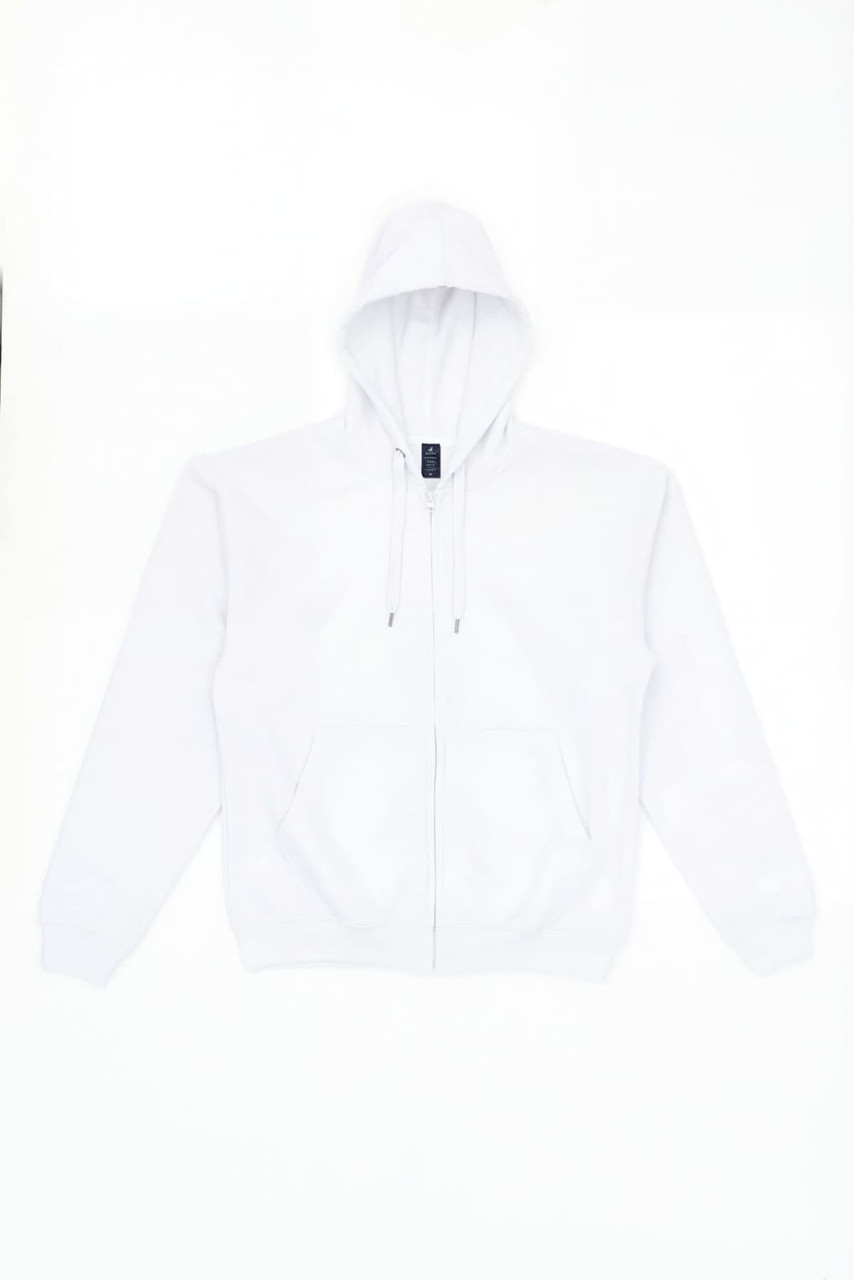 A white zip-up hoodie with a hood and front pockets, featuring a logo.