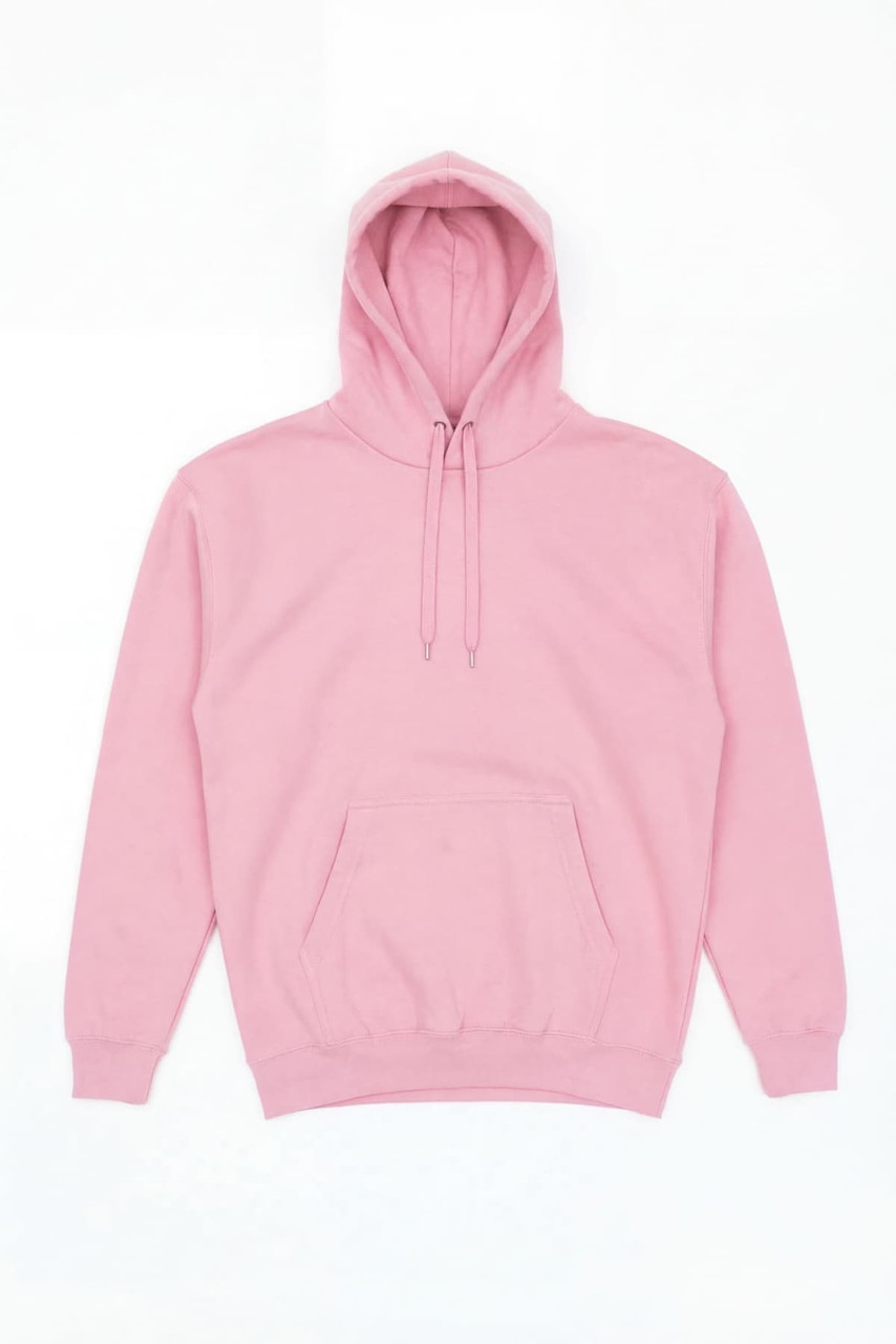 A pink hoodie featuring a front pocket and adjustable drawstrings. It includes a logo or branding on the design.