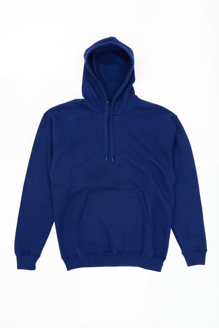 A blue hoodie with a front pocket and a drawstring hood, featuring a logo.