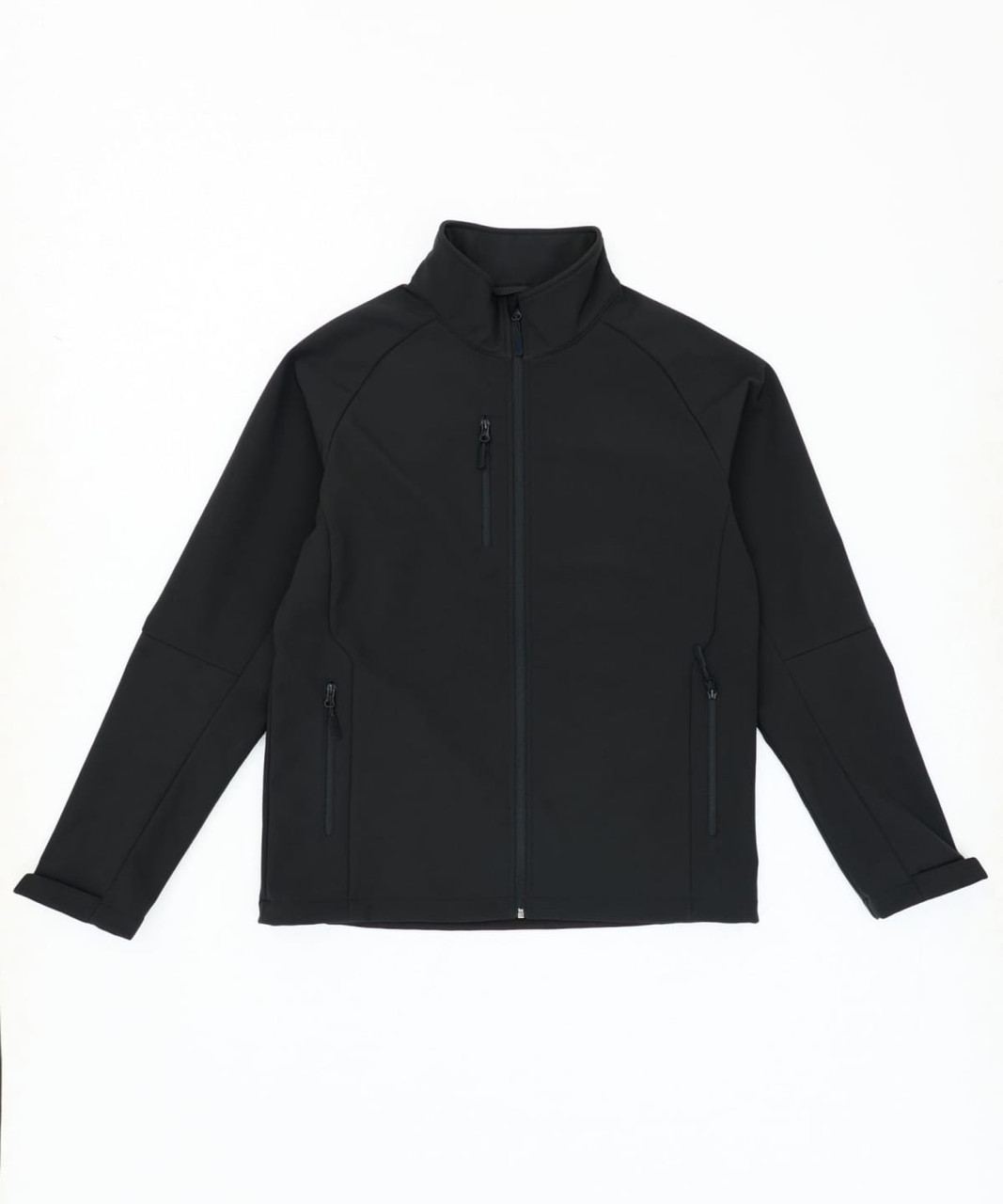 A black softshell jacket with a high collar, zippered pockets, and a logo on the front.