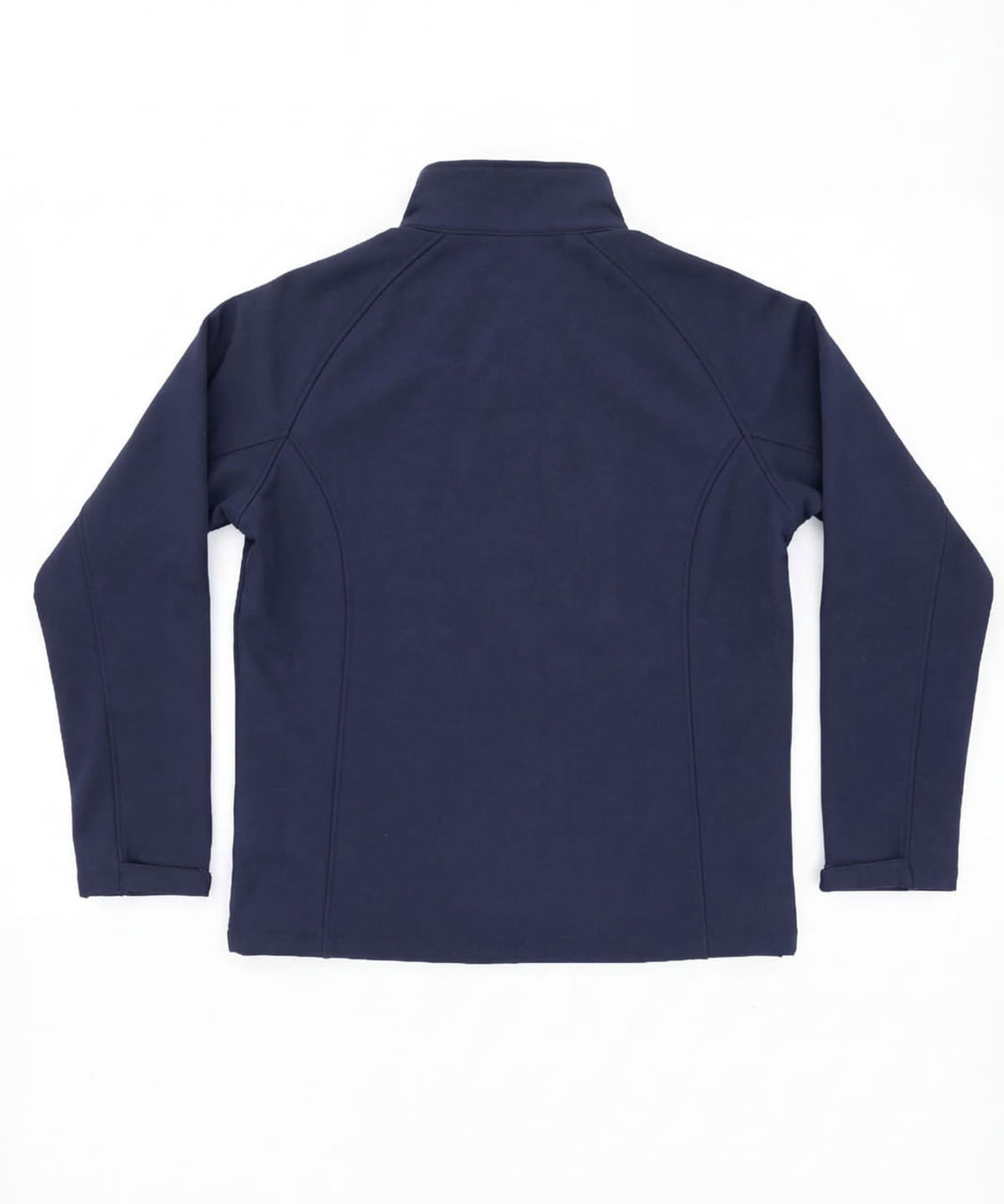 A navy softshell jacket with a high collar and back seam detailing. It features a logo on the fabric.