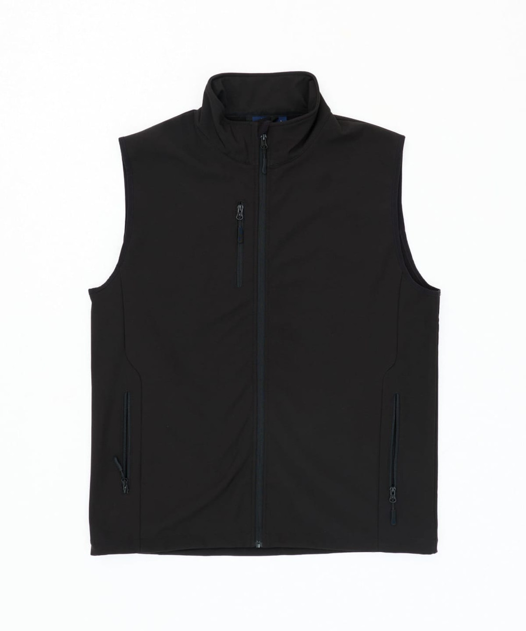 A black softshell vest with a high collar, featuring zippered pockets and a zipped front closure.
