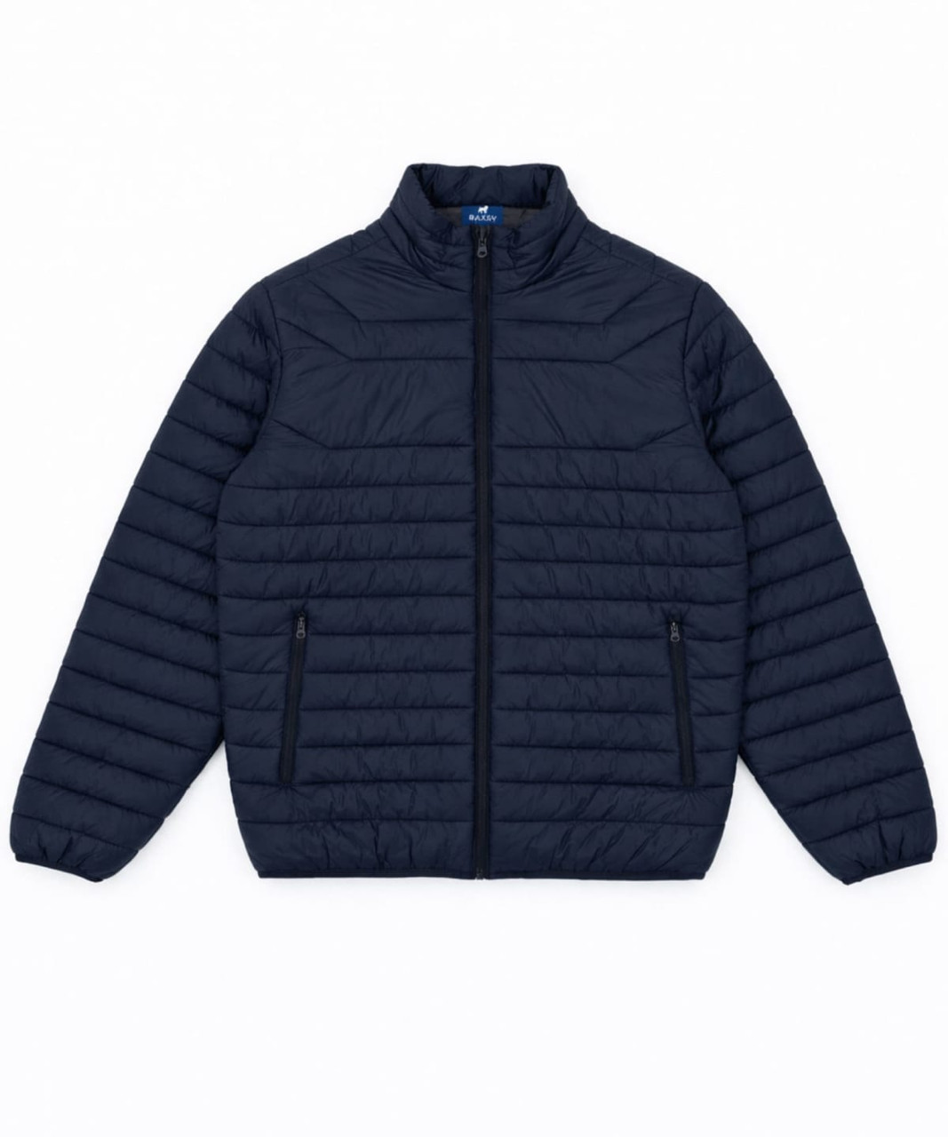 A navy blue puffer jacket with a zip front and two side pockets. It has a logo on the inside collar.