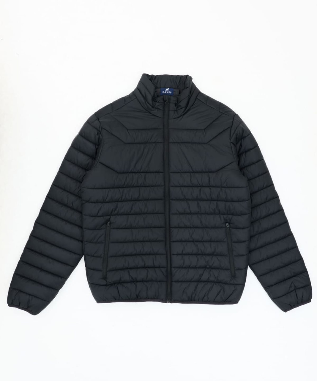 A black puffer jacket featuring a zip front, high collar, and two side pockets. It has a branded logo on the inner collar.
