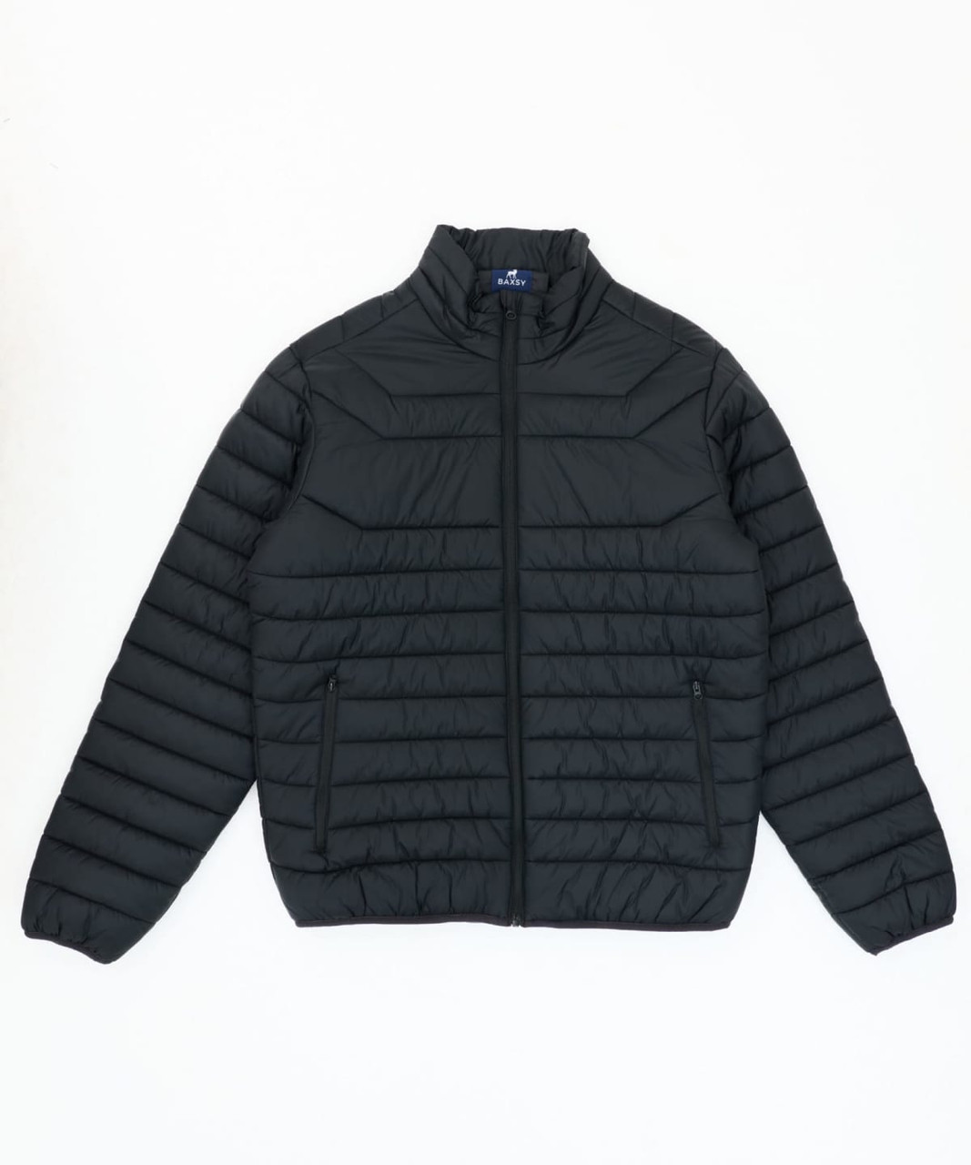 A black puffer jacket with a zippered front and two side pockets, featuring a logo on the collar.