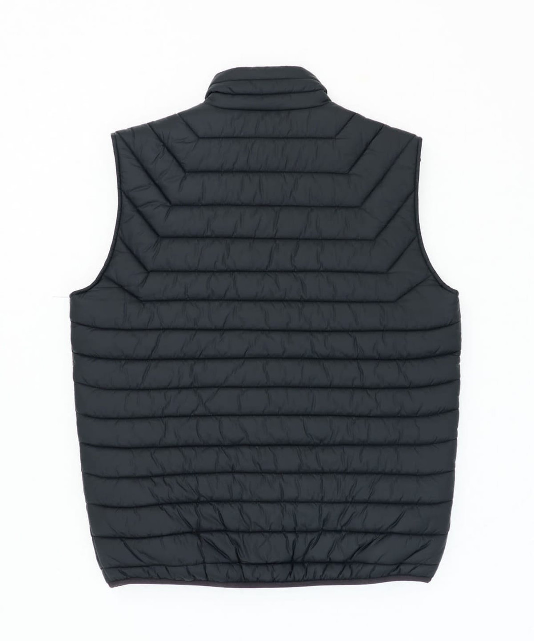 A black puffer vest with a quilted pattern on the back, featuring a high collar and no sleeves.