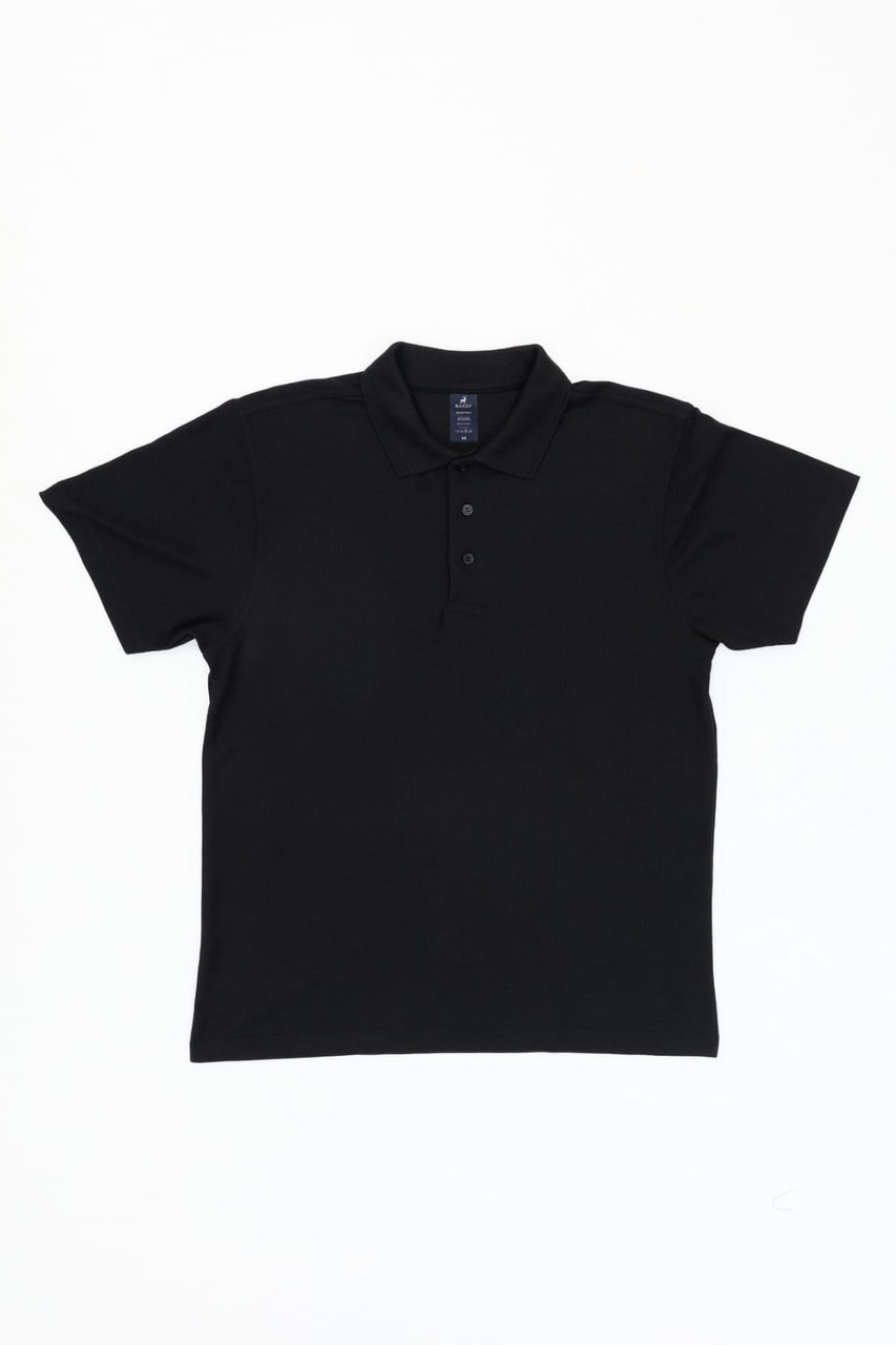 A black polo shirt with a collar and three buttons, featuring a logo.