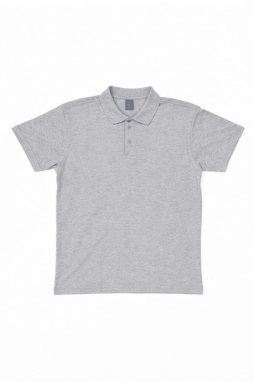 A grey polo shirt featuring a collar and short sleeves, with a logo on the chest area.