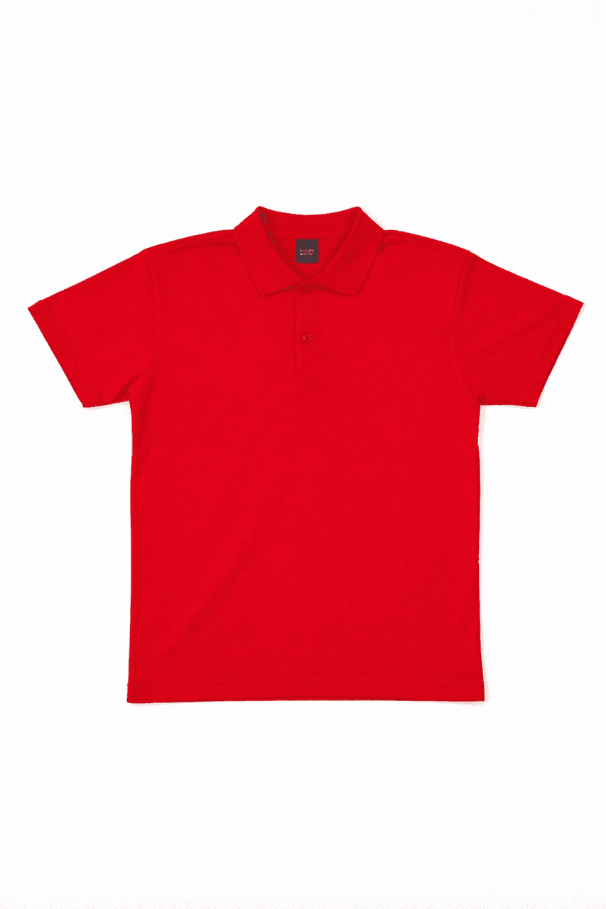 A red polo shirt with a collar, featuring a logo on the front. It has short sleeves and a classic design.