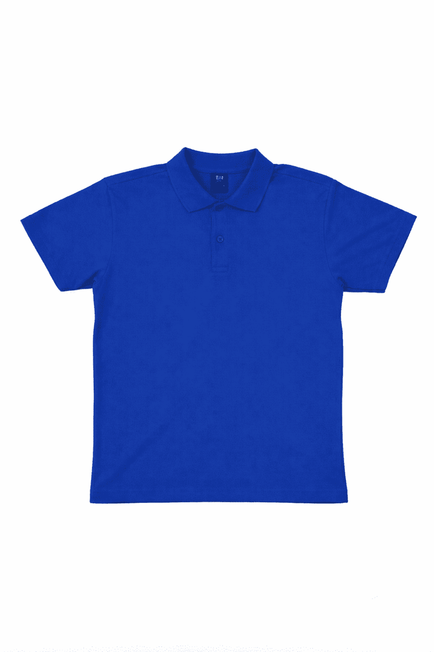 A bright blue polo shirt featuring a collar and three buttons, with a logo on the chest.