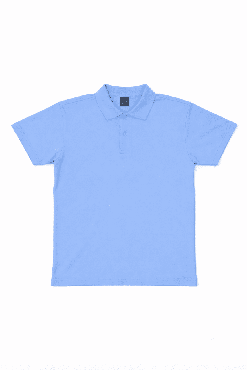A light blue polo shirt with a collar and short sleeves, featuring a logo on the chest area.