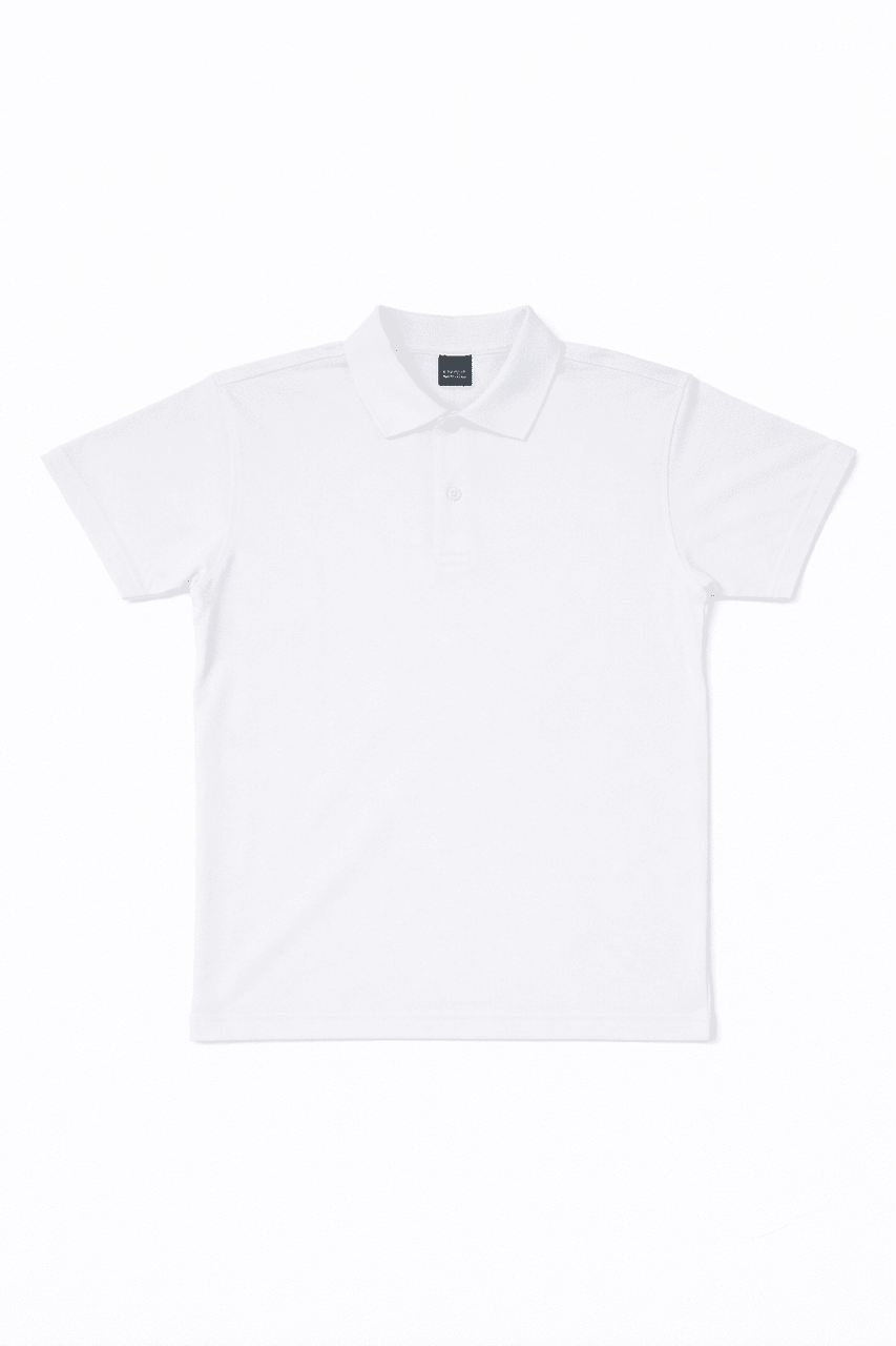 A white polo shirt with a collar, featuring a logo on the chest area.