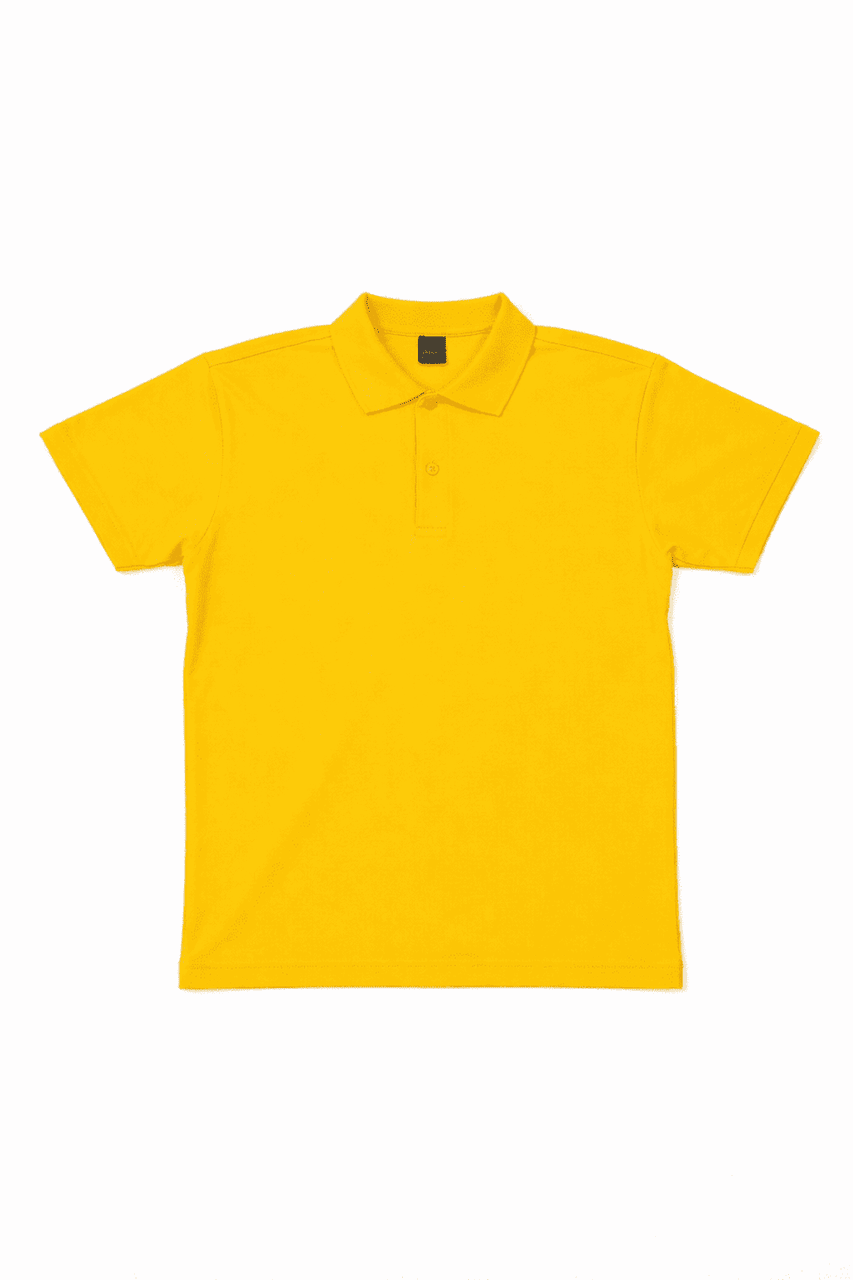 A yellow polo shirt with a collar, featuring short sleeves and a logo.