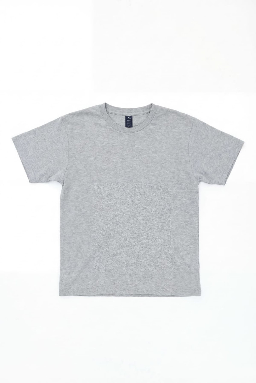 A grey t-shirt laid flat, featuring a crew neckline and short sleeves. The shirt has a logo on the label.