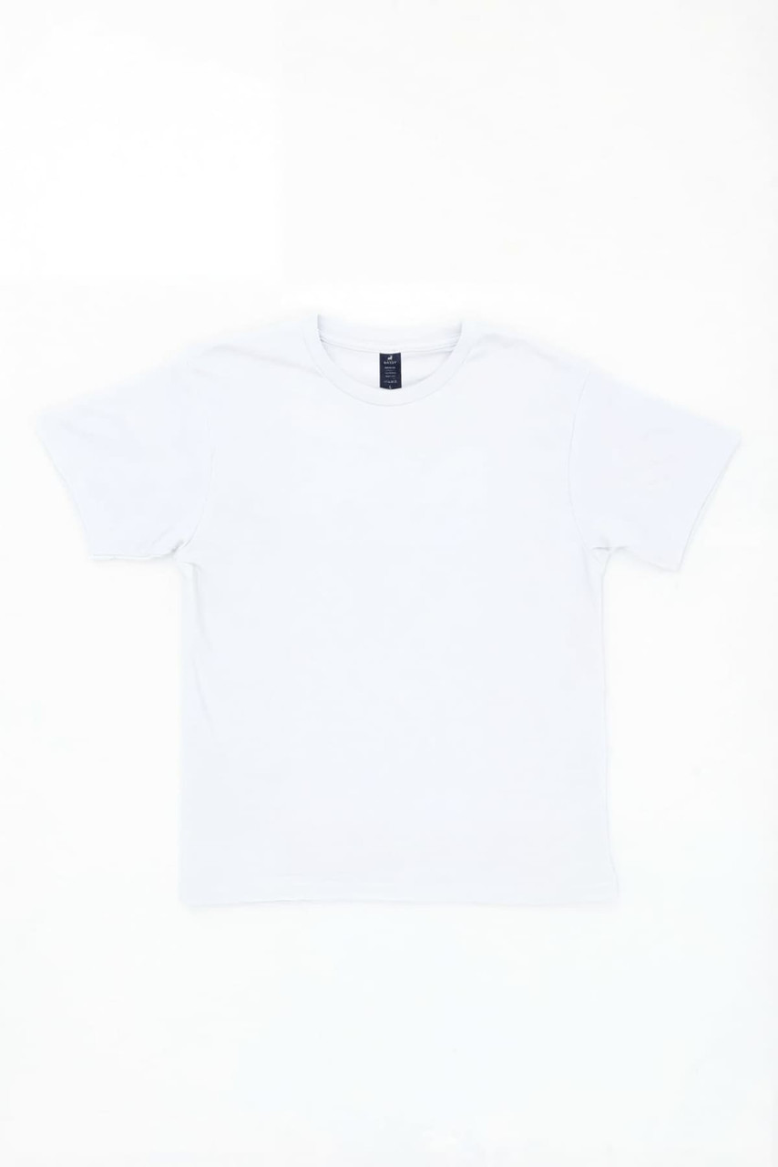 A plain white T-shirt featuring short sleeves and a label at the neck.