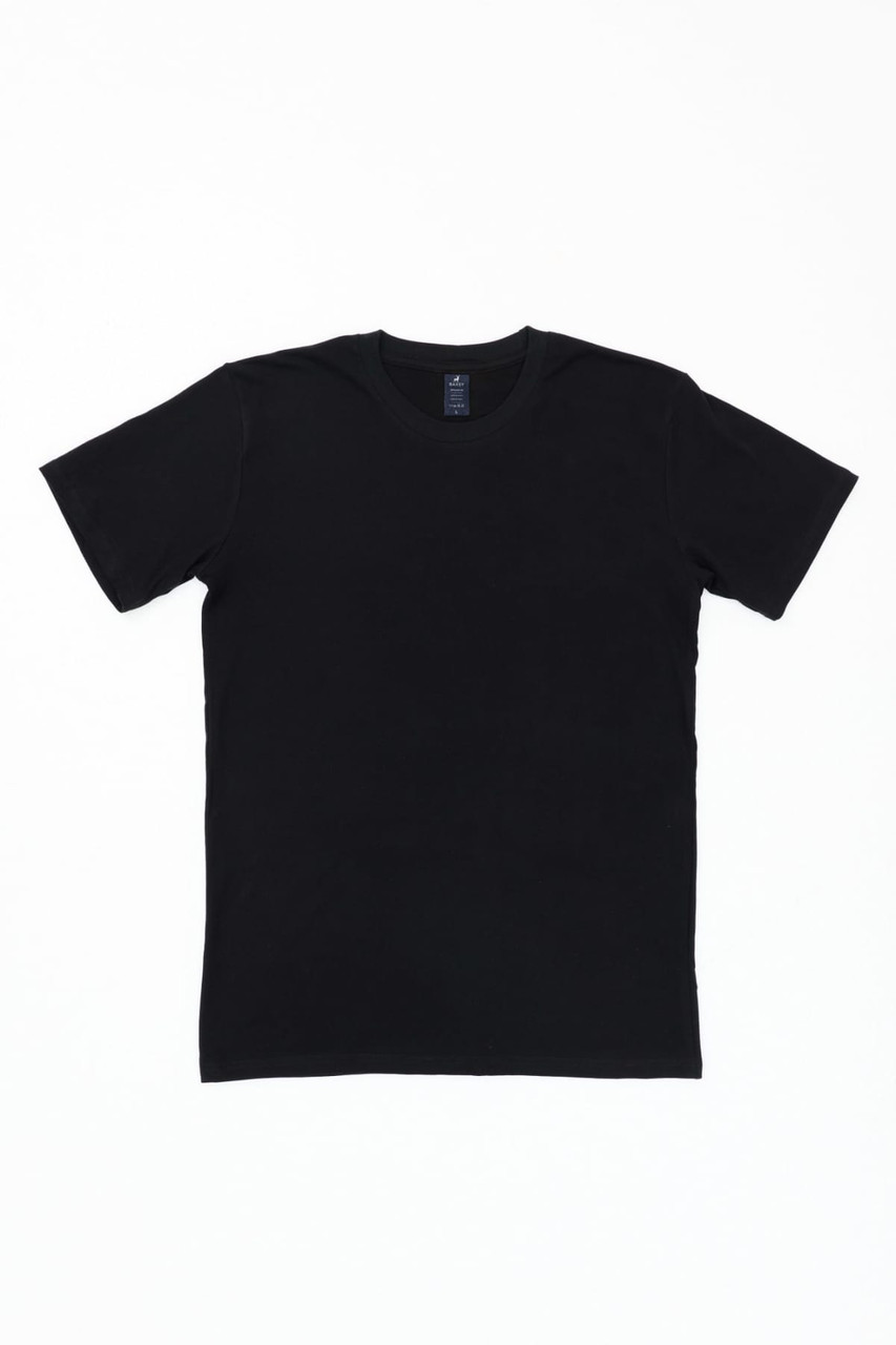 A plain black t-shirt featuring a crew neck and short sleeves, with a small logo on the tag.