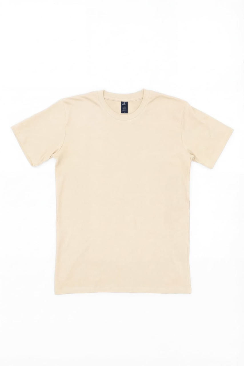 A beige T-shirt displayed flat with a tag, featuring a simple design and no visible logos.