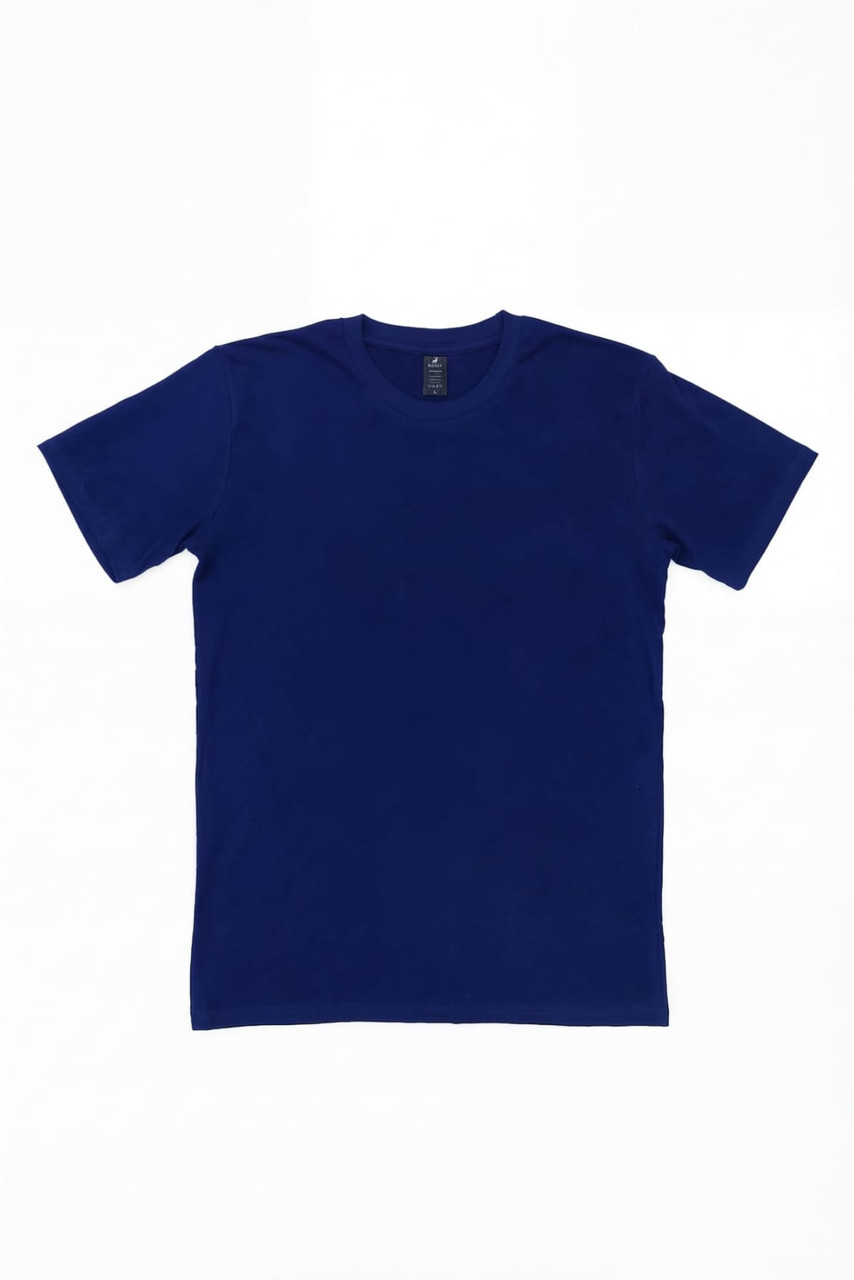 A navy blue T-shirt with a flat design, featuring a label on the inside neck and no visible branding on the front.