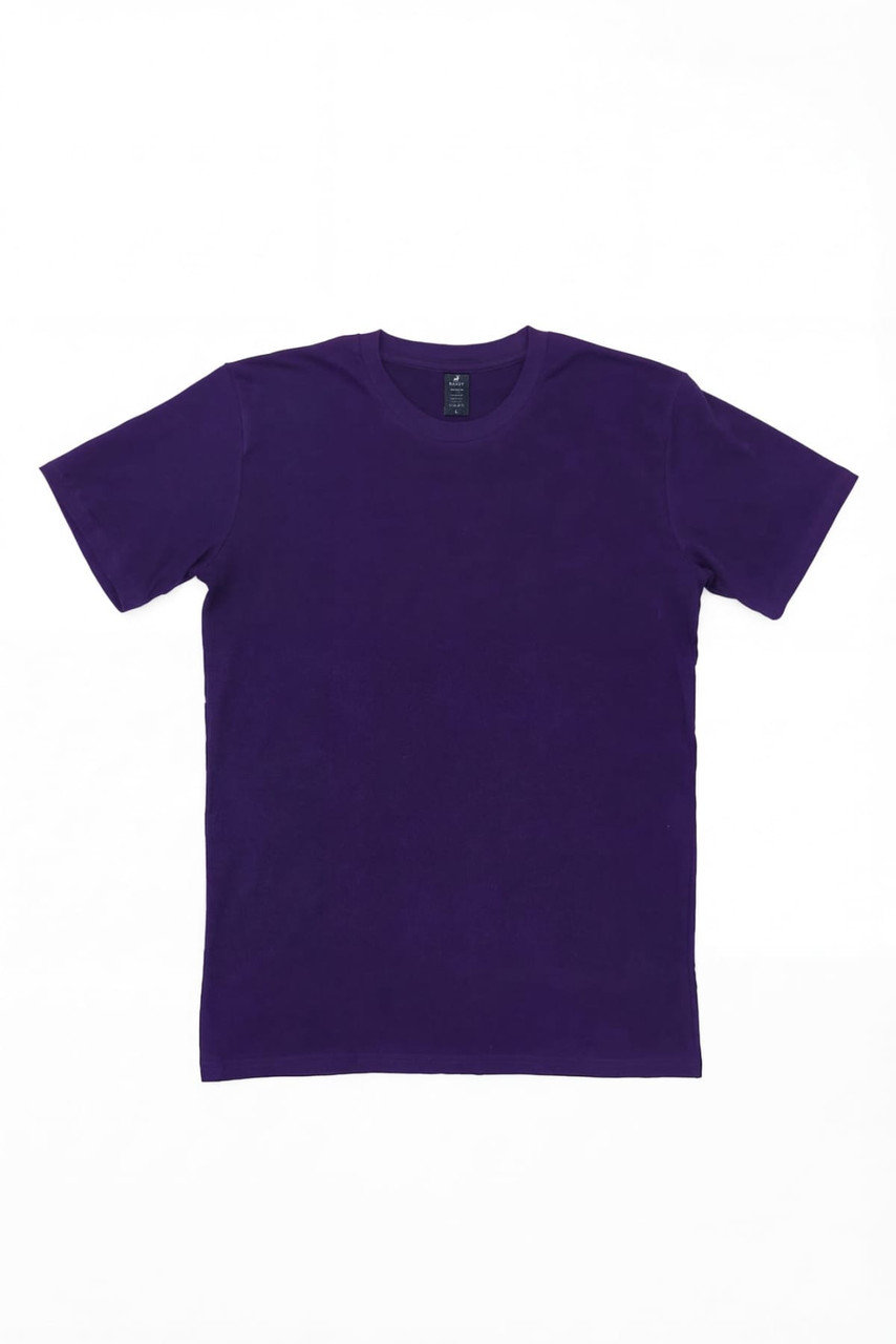 A plain purple t-shirt with a crew neck and short sleeves, featuring a logo on the inside label.