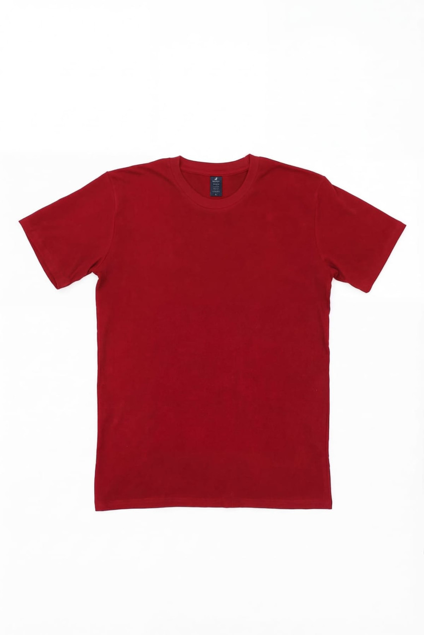 A plain red T-shirt with short sleeves, featuring a tag inside and no visible logos.