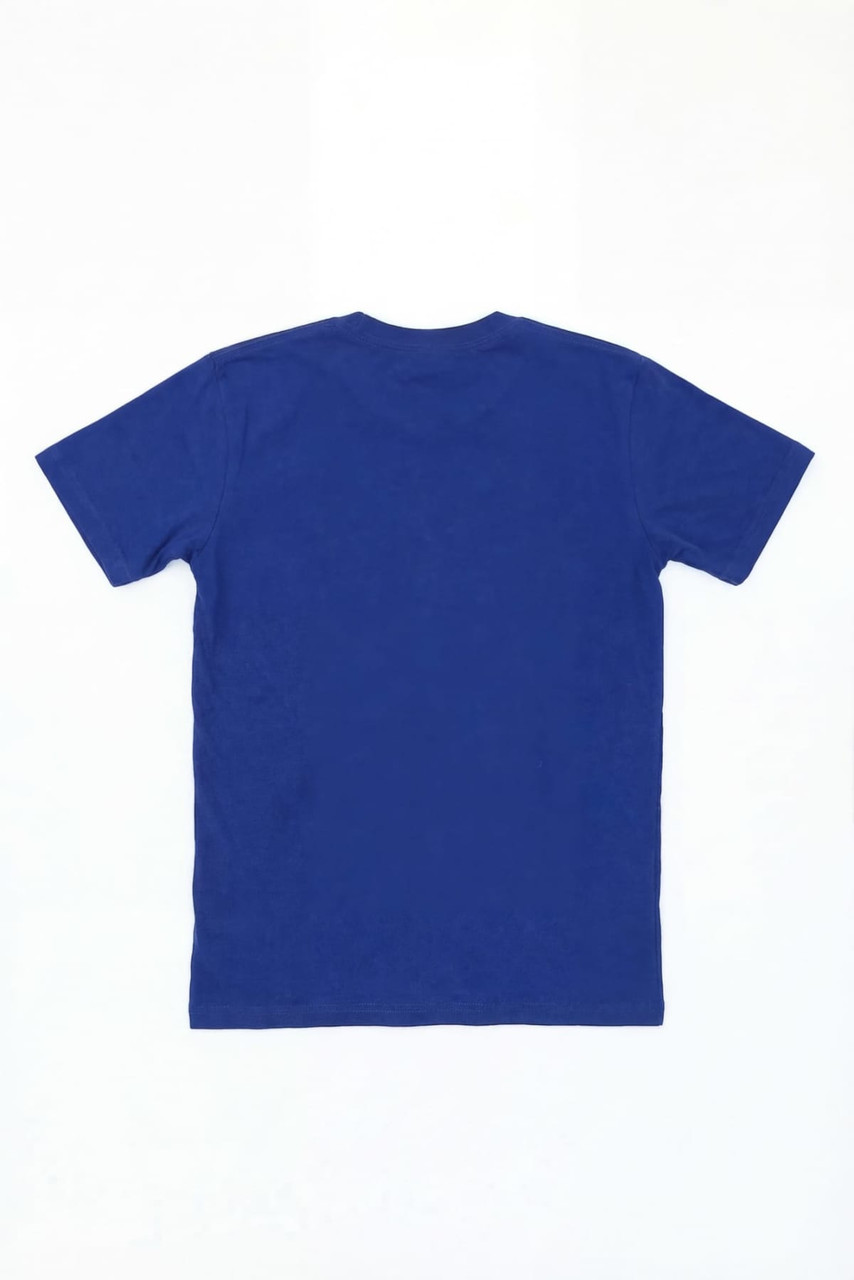 A blue t-shirt with short sleeves, view from the back, featuring a logo.