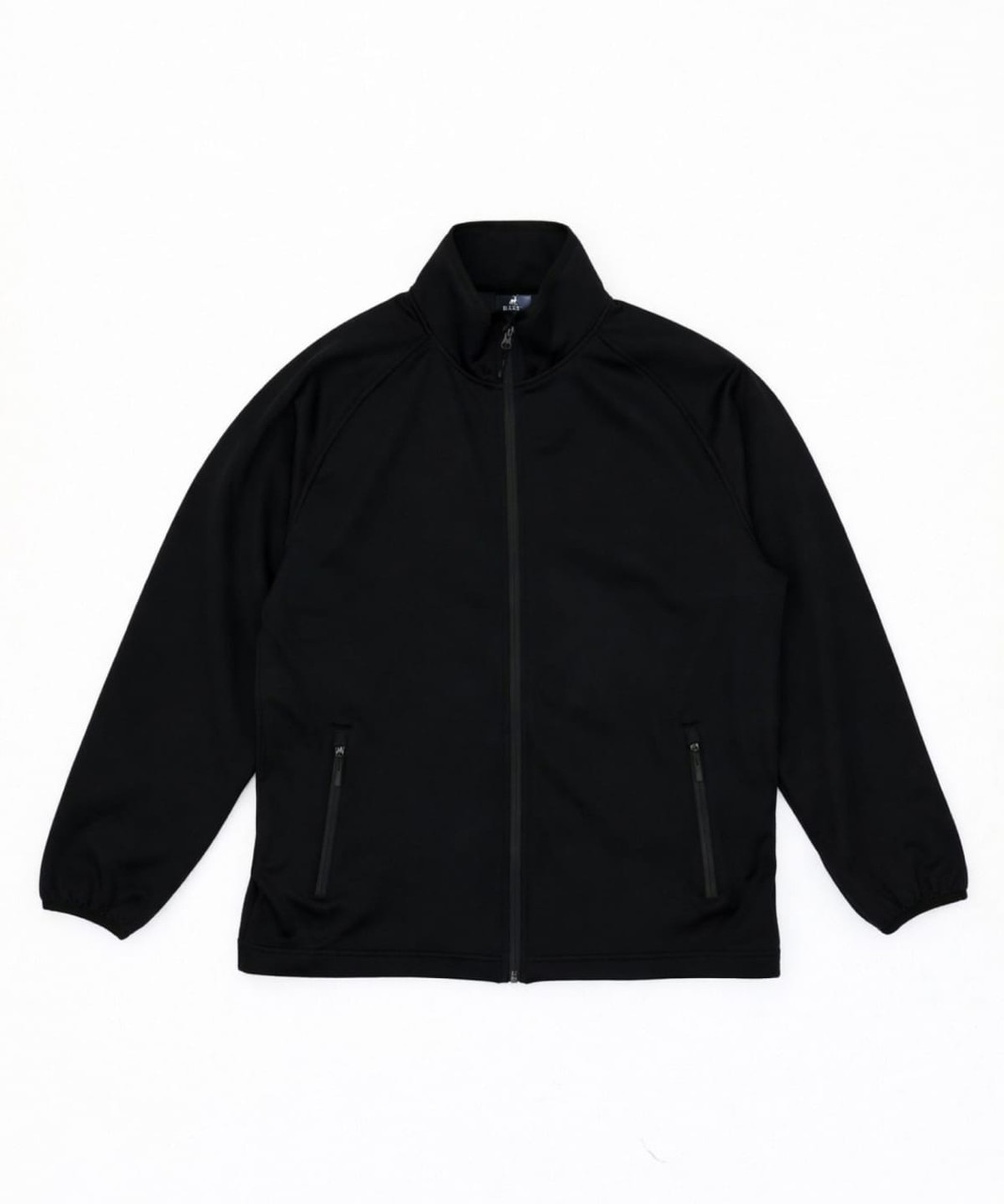 A black soft shell jacket featuring a front zip and side pockets, with a logo on the chest.
